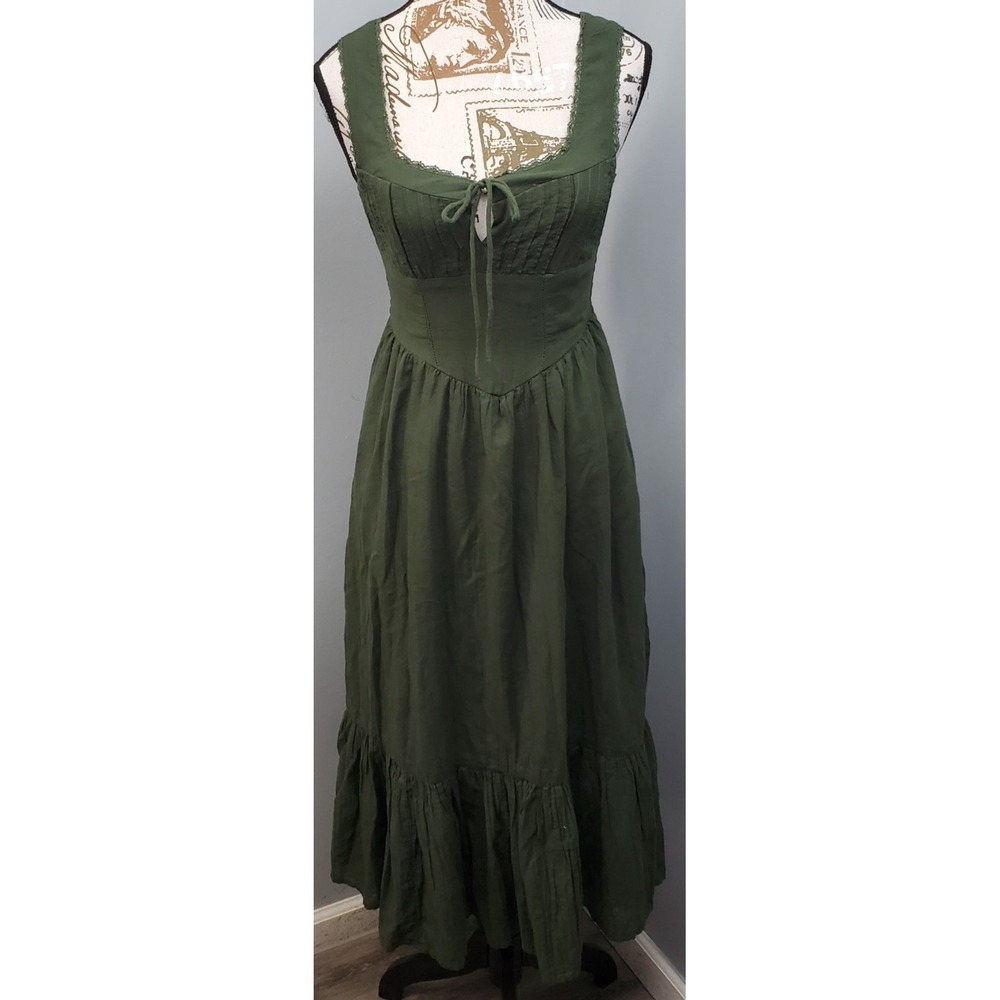 American Eagle Catie Corset Maxi Dress Womens XXS Green Tiered Smocked Tie Front